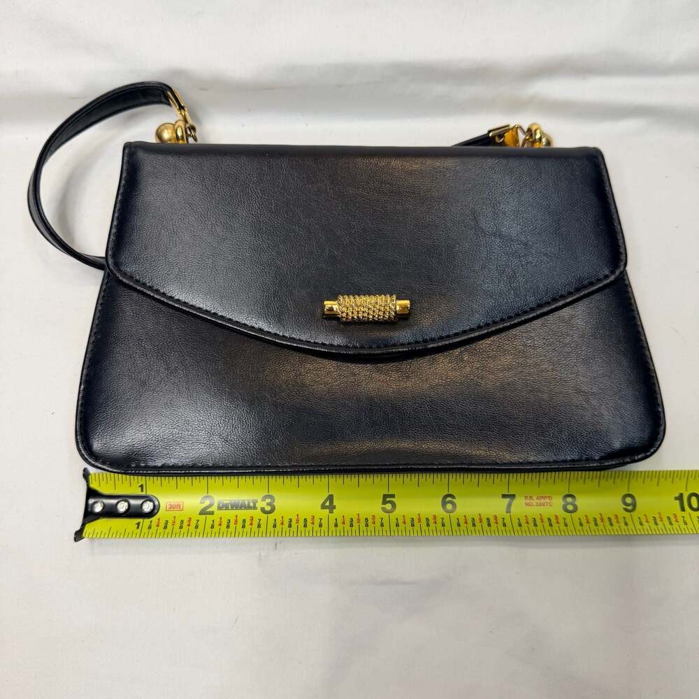 Vintage Black Leather Evening Shoulder Bag with Gold Tone Rope Detail Clasp - Picture 5 of 10